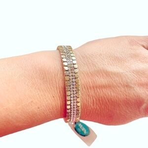 NWT Cream Leather Studs Rhinestones Crystal Gold Magnetic Clasp Bracelet Jewelry